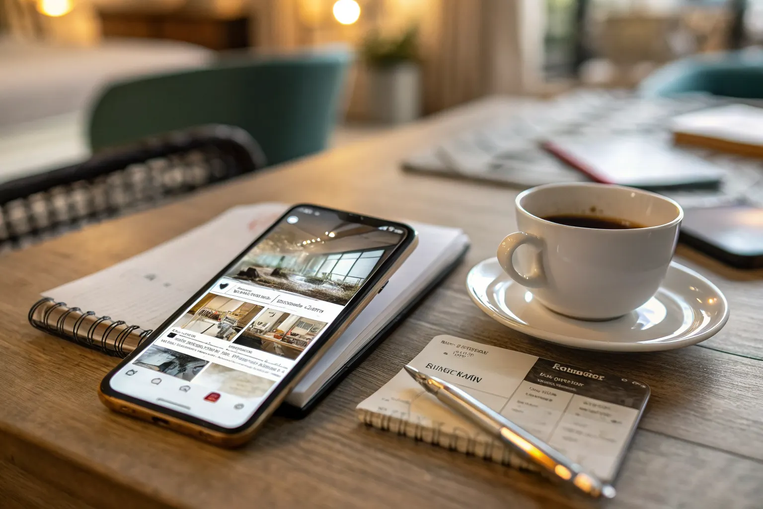 Smartphone displaying a hotel Instagram feed on a wooden desk beside coffee and strategy notes, with boutique hotel lobby in background